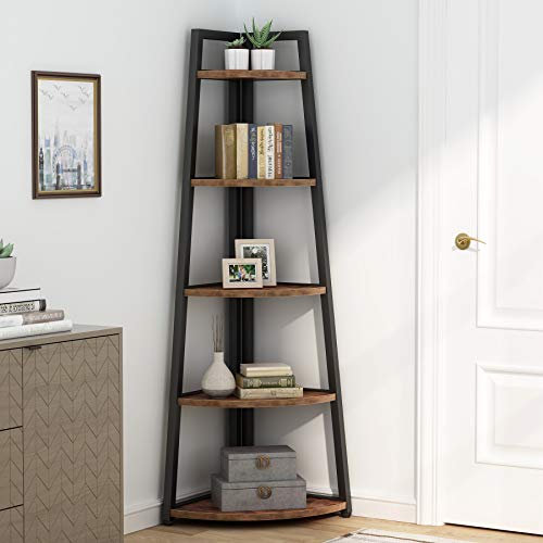 Rustic 5 tier 70 Inch Tall corner Shelf Bookshelf, Industrial Small Bookcase Corner Shelf Stand Furniture Plant Stand for Living Room, Small Space, Kitchen, Home Office (Rustic Brown)