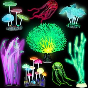 frienda 8 pieces glowing fish tank decorations plants with 2 style glowing kelp, sea anemone, simulation coral, jellyfish, lotus leaf, mushroom for aquarium fish tank glow ornament
