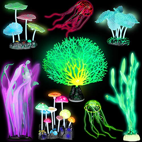 Frienda 8 Pieces Glowing Fish Tank Decorations Plants with 2 Style Glowing Kelp, Sea Anemone, Simulation Coral, Jellyfish, Lotus Leaf, Mushroom for Aquarium Fish Tank Glow Ornament