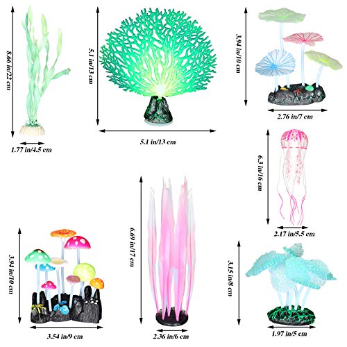 Frienda 8 Pieces Glowing Fish Tank Decorations Plants with 2 Style Glowing Kelp, Sea Anemone, Simulation Coral, Jellyfish, Lotus Leaf, Mushroom for Aquarium Fish Tank Glow Ornament