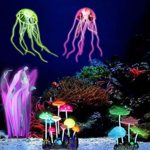 Frienda 8 Pieces Glowing Fish Tank Decorations Plants with 2 Style Glowing Kelp, Sea Anemone, Simulation Coral, Jellyfish, Lotus Leaf, Mushroom for Aquarium Fish Tank Glow Ornament