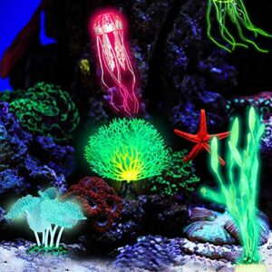 Frienda 8 Pieces Glowing Fish Tank Decorations Plants with 2 Style Glowing Kelp, Sea Anemone, Simulation Coral, Jellyfish, Lotus Leaf, Mushroom for Aquarium Fish Tank Glow Ornament