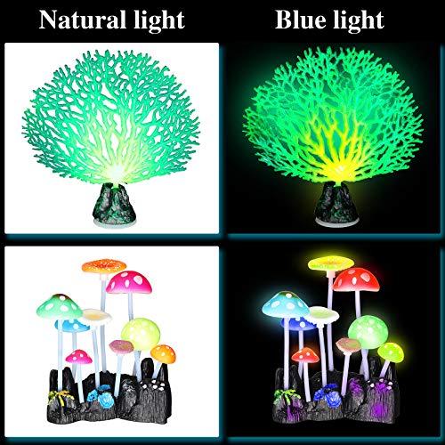 Frienda 8 Pieces Glowing Fish Tank Decorations Plants with 2 Style Glowing Kelp, Sea Anemone, Simulation Coral, Jellyfish, Lotus Leaf, Mushroom for Aquarium Fish Tank Glow Ornament