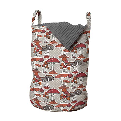 Ambesonne Mushroom Laundry Bag, Toadstools Forrest Pattern Autumn Feels Trees Nature Art on Polka Dots, Hamper Basket with Handles Drawstring Closure for Laundromats, 13" x 19", Orange Dark Coral Tan