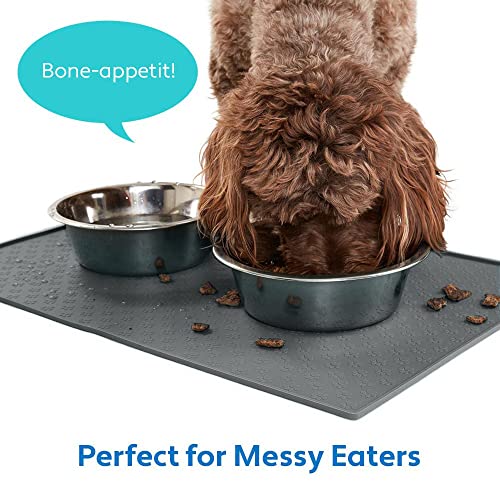 MIGHTY MONKEY Silicone Pet Feeding Mat, Waterproof Placemat for Dog and Cat Bowls, Raised Edges, Prevent Water Spills and Food Messes on Floor, Paw Print Tray Mats, Dishwasher Safe, 18x12, Gray