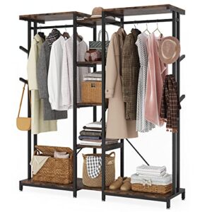 tribesigns extra large closet organizer with hooks, free-standing closet clothes rack with shelves and hanging rod, heavy duty industrial clothing shelf closet storage system for bedroom (rustic)