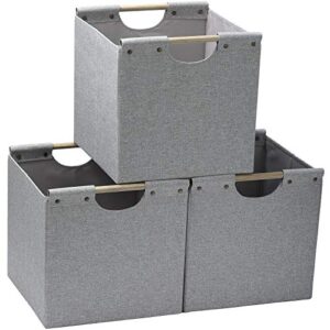 hoonex collapsible storage bins, 13x13x13in storage cubes linen fabric, 3 pack, storage baskets with wooden carry handles and sturdy heavy cardboard, for home, office, car, nursery, light grey