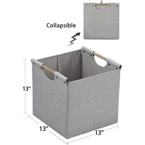 HOONEX Collapsible Storage Bins, 13x13x13in Storage Cubes Linen Fabric, 3 Pack, Storage Baskets with Wooden Carry Handles and Sturdy Heavy Cardboard, for Home, Office, Car, Nursery, Light Grey