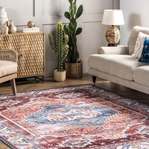 nuLOOM Marli Machine Washable Faded Medallion Area Rug, 5' x 8', Rust