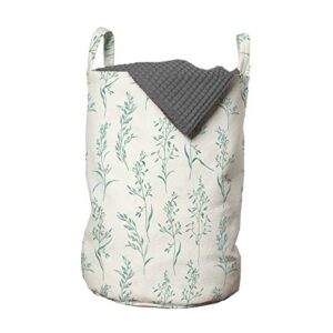 ambesonne floral laundry bag, floral pattern moderate essential botanical herbs flower plants fresh twigs theme, hamper basket with handles drawstring closure for laundromats, 13" x 19", green cream