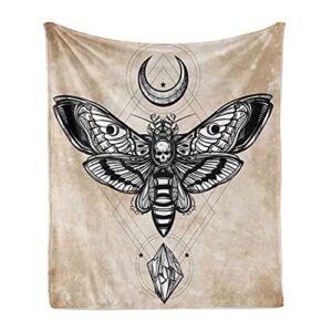 ambesonne fantasy throw blanket, dead head hawk moth luna and stone magic skull illustration, flannel fleece accent piece soft couch cover for adults, 50" x 70", black beige