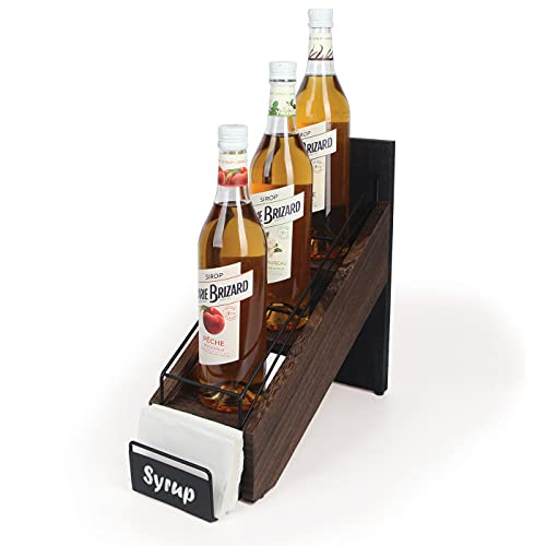 J JACKCUBE DESIGN Rustic Wood Syrup Bottle Holder, Wire 3 Compartment Shelf Organizer Rack, Storage for Syrup, Wine Bottles, Dressings, Juice and Napkins -MK710A (Rustic Wood)