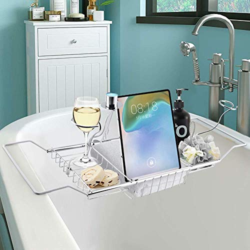 Bathtub Caddy Tray, Stainless Steel Shower Bathtub Caddy Storage Organizer Over Bathtub Racks Expandable Bath Organizer Tub Shelf with Extending Sides and Removable Wine Glass Book Holder