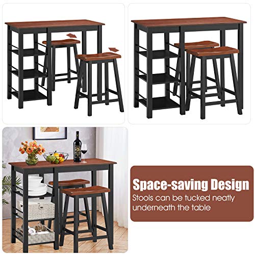 Giantex 3 Piece Dining Set, Entirely Wood Counter Height Table Set with 2 Chair and 3-Tier Storage Shelves, Small Kitchen Table Set with Rubber Wood Frame, Breakfast Table for Small Space, Apartment