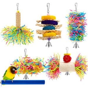 6 pieces parrot cage shredding toy bird chewing toys foraging hanging toy bird loofah toys with bird perch stand toy blue paw grinding stick for small bird parakeets cockatiel conure african grey