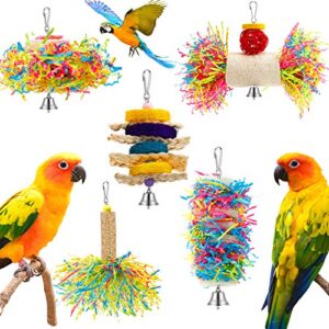 6 Pieces Parrot Cage Shredding Toy Bird Chewing Toys Foraging Hanging Toy Bird Loofah Toys with Bird Perch Stand Toy Blue Paw Grinding Stick for Small Bird Parakeets Cockatiel Conure African Grey