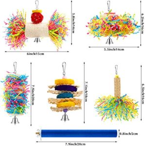 6 Pieces Parrot Cage Shredding Toy Bird Chewing Toys Foraging Hanging Toy Bird Loofah Toys with Bird Perch Stand Toy Blue Paw Grinding Stick for Small Bird Parakeets Cockatiel Conure African Grey