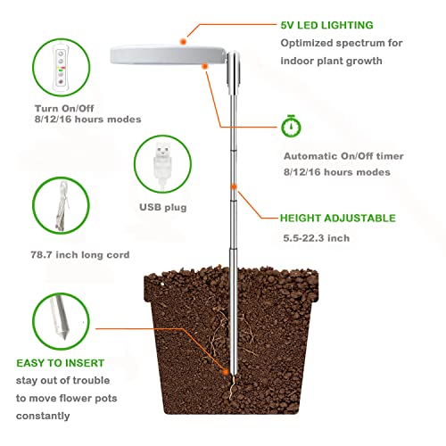 Plant Grow Light,yadoker LED Growing Light Full Spectrum for Indoor Plants,Height Adjustable, Automatic Timer, 5V Low Safe Voltage,Idea for Small Plant Light, 1 Pack