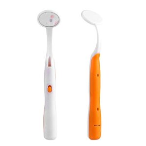 ceonam 2 pcs dental mirror with light tool led lighted teeth inspection mirror anti fog curve angle dentist oral care tool (orange)