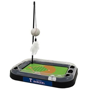 Pets First Cat Scratching Toy MLB Texas Rangers Baseball Field Cat Scratcher Toy with Interactive Cat Ball Bell in Tracks. 5-in-1 CAT Toy: Cat Wand Poll with Catnip Filled Plush Baseball & Feathers