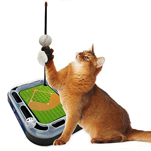 Pets First Cat Scratching Toy MLB Texas Rangers Baseball Field Cat Scratcher Toy with Interactive Cat Ball Bell in Tracks. 5-in-1 CAT Toy: Cat Wand Poll with Catnip Filled Plush Baseball & Feathers