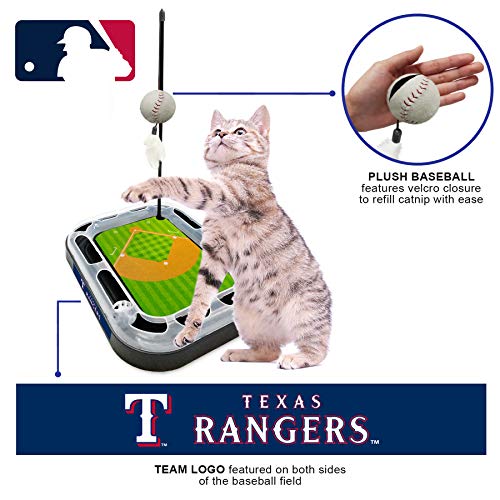 Pets First Cat Scratching Toy MLB Texas Rangers Baseball Field Cat Scratcher Toy with Interactive Cat Ball Bell in Tracks. 5-in-1 CAT Toy: Cat Wand Poll with Catnip Filled Plush Baseball & Feathers