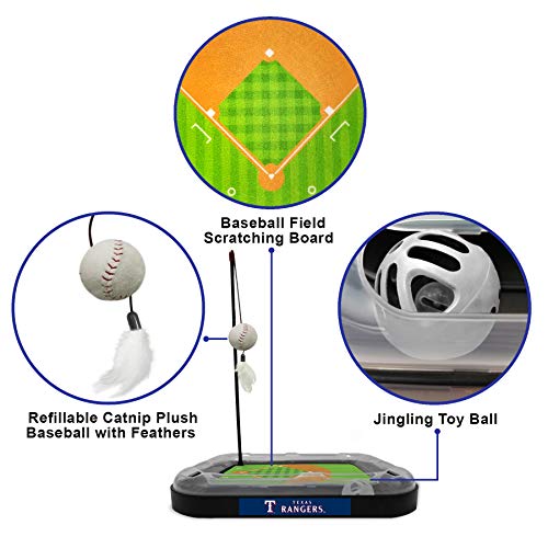 Pets First Cat Scratching Toy MLB Texas Rangers Baseball Field Cat Scratcher Toy with Interactive Cat Ball Bell in Tracks. 5-in-1 CAT Toy: Cat Wand Poll with Catnip Filled Plush Baseball & Feathers