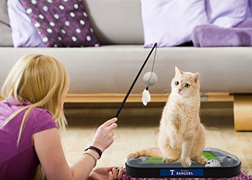 Pets First Cat Scratching Toy MLB Texas Rangers Baseball Field Cat Scratcher Toy with Interactive Cat Ball Bell in Tracks. 5-in-1 CAT Toy: Cat Wand Poll with Catnip Filled Plush Baseball & Feathers