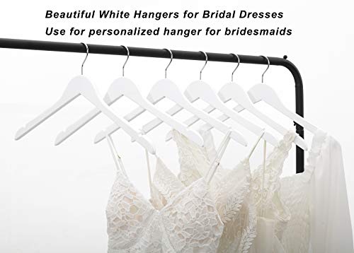 Premium Solid Wood Bridal Wedding Dress Hangers, Beautiful Wooden Shirt Suit Coat Jacket Clothes Hangers-360° Strong Swivel Hook-Extra Smooth Finish-Smoothly Cut Notches-10 Pack- White Color LM01B