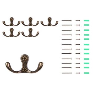 double utility coat hooks hardware, dual zinc alloy hooks wall mounted screws for hanging lightweight & heavy items indoor&outdoor used, 6sets (bronze)