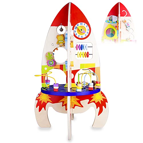 Classic World Activity Cube Rocket, Activity Box Space Craft Activity Center with Bead Maze Gears Mirror Roller Coaster Busy Board for Toddlers Kids