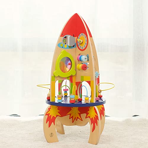 Classic World Activity Cube Rocket, Activity Box Space Craft Activity Center with Bead Maze Gears Mirror Roller Coaster Busy Board for Toddlers Kids