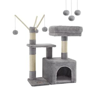 feandrea cat tree, small cat tower with padded perch, cat cave, 3 pompoms, cat activity center, light gray upct121w01