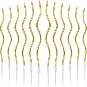 12 pcs twisty birthday candles long spiral cake candles metallic cake cupcake candles long thin coil cake candles with holders for birthday wedding party cake decoration (gold)