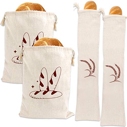 4 Packs Linen Bread Bags for Homemade Bread, Unbleached, Reusable Bread Storage Bakery & Baguette