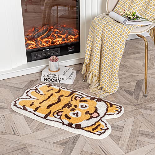 Tiger Shaped Bath Rugs for Bathroom Non Slip, Animals Print Area Rug Water Absorption Small Cute Tiger Bath Mat Cartoon Carpet for Kitchen Floor Door Mat Bedroom Playmat (1.5x2.5 Feet)