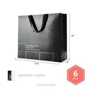 PACKHOME 6 Extra Large Gift Bags 17.5x6x16 Inches, Black Premium Gift Bags with Handles for Gift Giving (Glossy Black with Grass Texture)