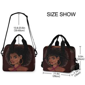 Reusable Lunch Bag for Girls Women,Beautiful African American Girl Lunch Box Container with Detachable Shoulder Strap,Insulated Lunch Coolers for School Office