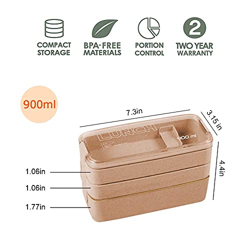 Iteryn Stackable Bento Box Lunch Box, Wheat Straw, 3-In-1 Compartment Japanese Lunch Containers Leakproof, Eco-Friendly Bento Lunch Box Meal Prep - 2 Pack