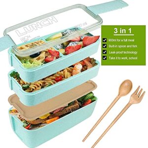 Iteryn Stackable Bento Box Lunch Box, Wheat Straw, 3-In-1 Compartment Japanese Lunch Containers Leakproof, Eco-Friendly Bento Lunch Box Meal Prep - 2 Pack