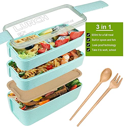 Iteryn Stackable Bento Box Lunch Box, Wheat Straw, 3-In-1 Compartment Japanese Lunch Containers Leakproof, Eco-Friendly Bento Lunch Box Meal Prep - 2 Pack