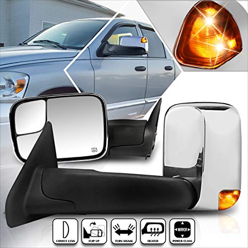 [Pair] Chrome Power Heated Side View Towing Mirrors w/Amber LED Signal Compatible with 02-09 Dodge Ram 1500-3500