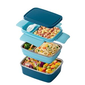 freshmage stainless steel bento box adult lunch box, leakproof stackable large capacity dishwasher safe lunch container with divided compartments, blue