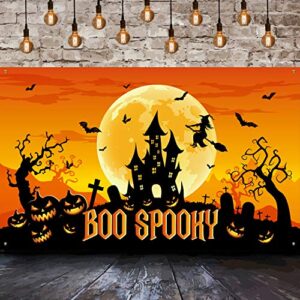 halloween party decorations, large fabric halloween backdrop boo spooky banner orange night moon pumpkin castle witch photo booth background for scary halloween party supplies, 6 x 3.6 ft