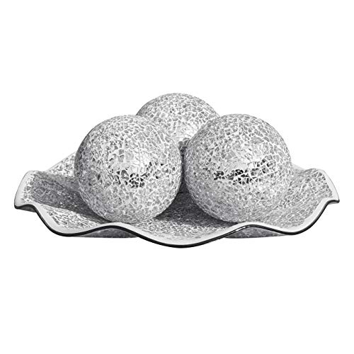 WHOLE HOUSEWARES | 11.5" Glass Mosaic Decorative Tray | Home Décor Centerpiece | Bowl with 3PCS 3.75" Mosaic Decorative Balls | Table Centerpieces For Dining Room (Silver)