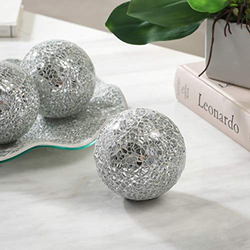 WHOLE HOUSEWARES | 11.5" Glass Mosaic Decorative Tray | Home Décor Centerpiece | Bowl with 3PCS 3.75" Mosaic Decorative Balls | Table Centerpieces For Dining Room (Silver)