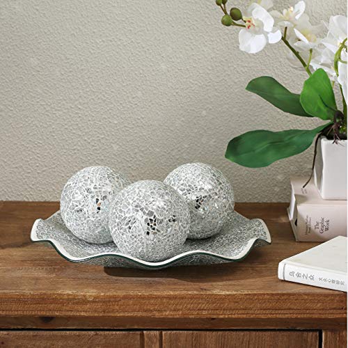 WHOLE HOUSEWARES | 11.5" Glass Mosaic Decorative Tray | Home Décor Centerpiece | Bowl with 3PCS 3.75" Mosaic Decorative Balls | Table Centerpieces For Dining Room (Silver)