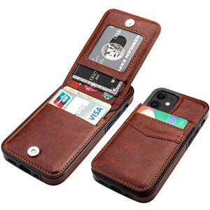 kihuwey compatible with iphone 12 mini case wallet with credit card holder, premium leather magnetic clasp kickstand heavy duty protective cover for iphone 12 mini 5.4 inch(brown)