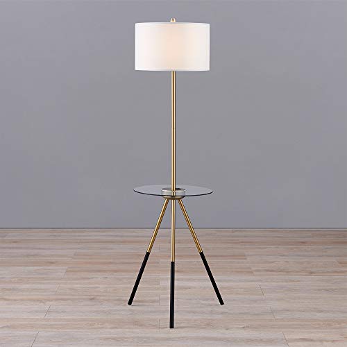 Teamson Home Modern Reading Tripod Floor Lamp Standing Light with USB Port and Glass Table White Shade Black Finish
