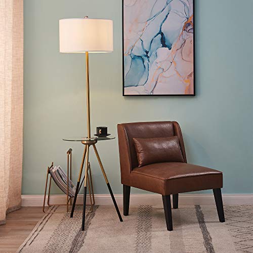 Teamson Home Modern Reading Tripod Floor Lamp Standing Light with USB Port and Glass Table White Shade Black Finish